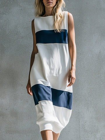 Casual Basic Everyday Blue-and-White Color-Block Cotton Midi Dress