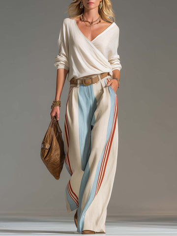 Retro Casual Ivory Surplice V-Neck Top And Blue Red Striped Wide-Leg Cotton-Linen Pants Set
