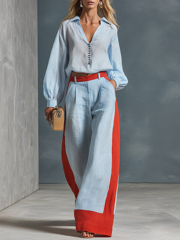 Stylish Casual Blue Striped Shirt And Color-Block Wide-Leg Pants Cotton-Linen Set