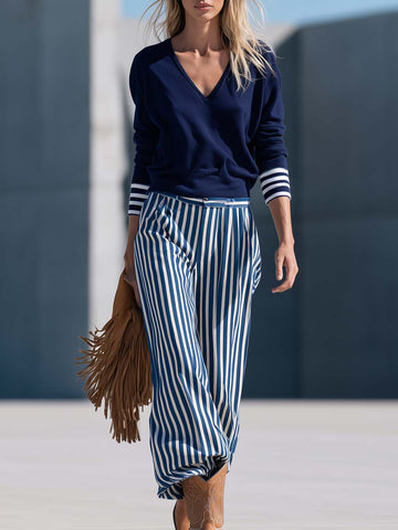 Retro Nautical Navy V-Neck Sweatshirt And Striped Wide-Leg Pants Set