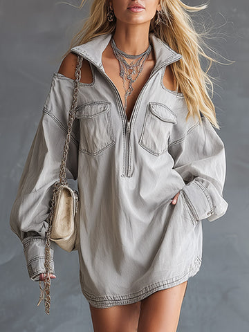 Casual-Chic Off-Shoulder Grey-White Denim Long-Sleeve Mini Dress