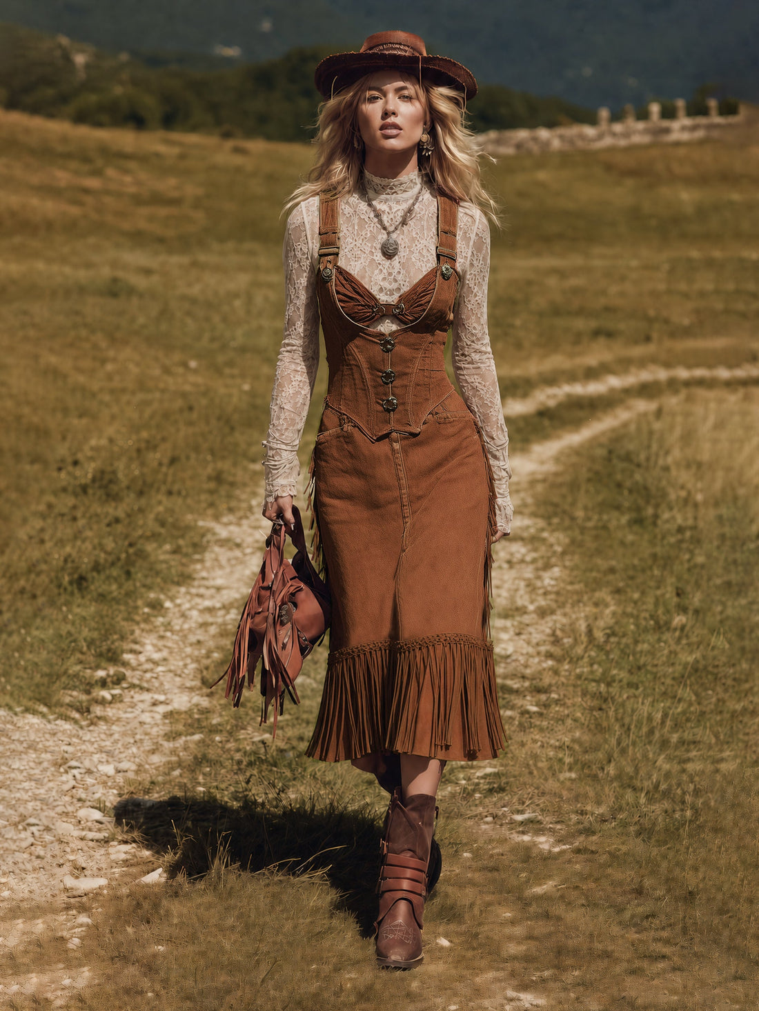 Retro Western Style Women's Suspender Dress - Fitted, Button-Up Tassel Ruffled Fishtail Midi Skirt