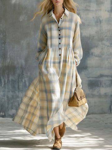 Casual Retro Collared Button Long-sleeved Plaid Cotton Maxi Dress