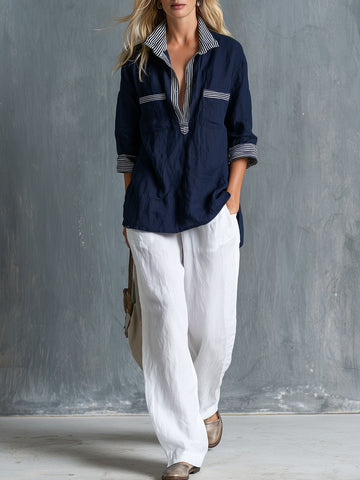 Casual Retro-style Blue Cotton-linen Shirt With Contrasting Trim And White Trousers Set