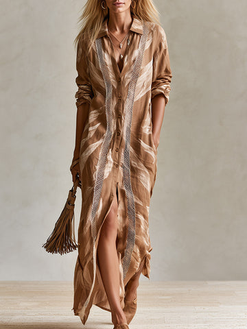 Vintage-style Boho Lace-trimmed Khaki Printed Cotton-linen Maxi Dress