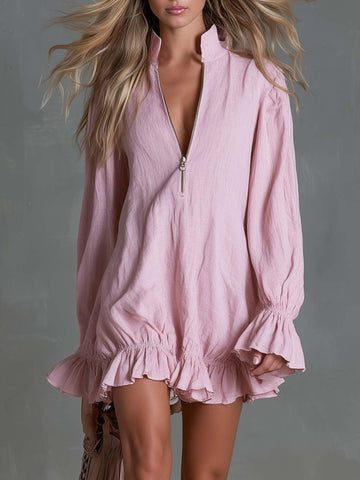 Boho Pink Cotton-Linen Zip-Front Ruffle-Hem Mini Dress