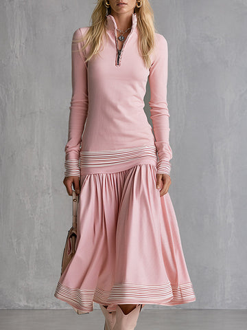 Retro Sporty Striped Trim Pink Half-zip Long-sleeved Cotton Maxi Dress