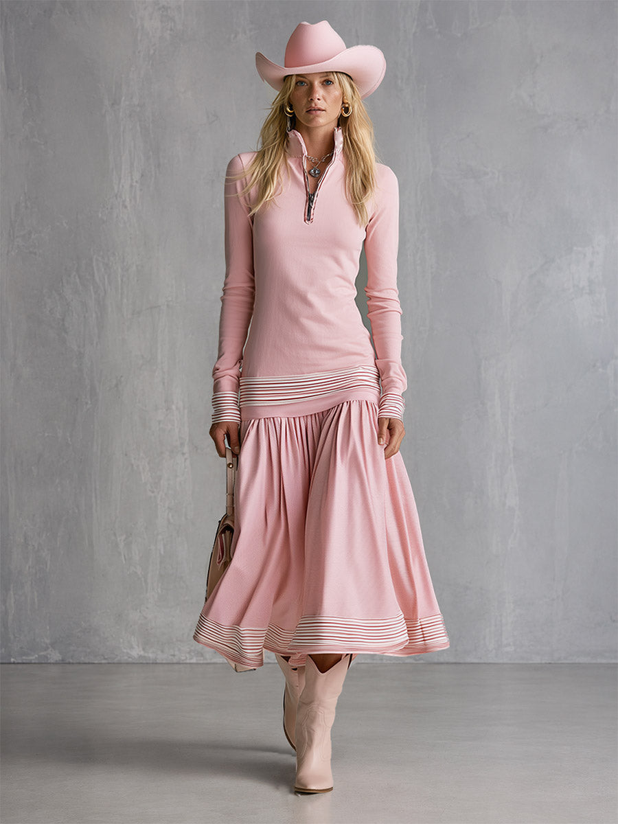Retro Sporty Striped Trim Pink Half-zip Long-sleeved Cotton Maxi Dress
