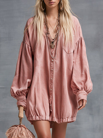 Casual-Chic Dusty Pink Denim Button-Front Long-Sleeve Mini Dress