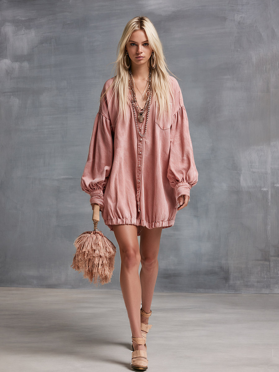 Casual-Chic Dusty Pink Denim Button-Front Long-Sleeve Mini Dress