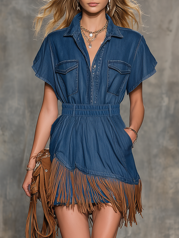 Western Lapel-collar Asymmetric-hem Fringed Cinched-waist Denim Mini Dress
