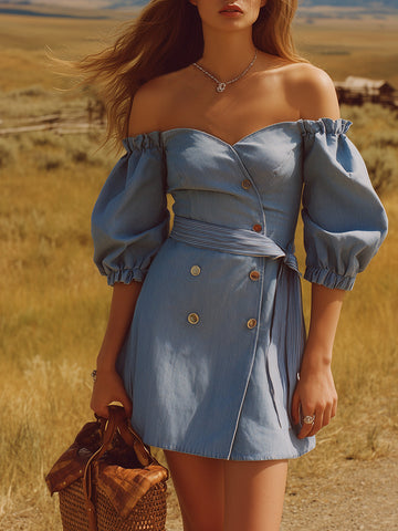 Light blue off-shoulder denim mini dress - one-shoulder neckline, puff sleeves