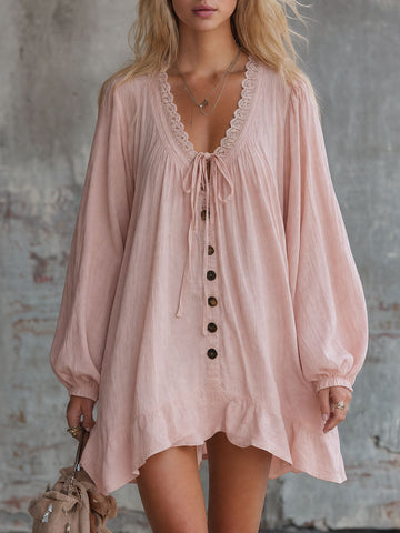Vintage Lace-trimmed Pink V-neck Long-sleeved Ruffled Cotton-linen Mini Dress