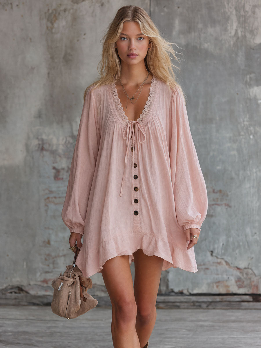 Vintage Lace-trimmed Pink V-neck Long-sleeved Ruffled Cotton-linen Mini Dress