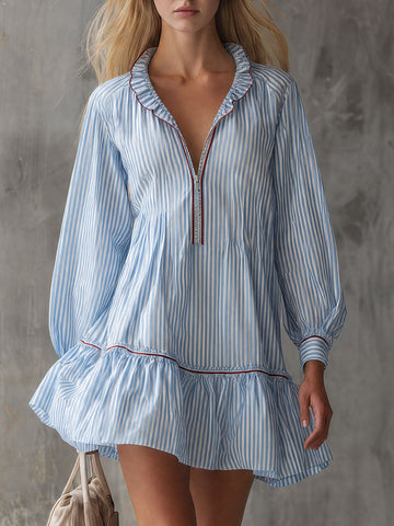 Retro Red And Blue Striped Ruffled Puff Sleeve Cotton Mini Dress