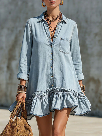 Casual Retro Light Blue Denim Long-sleeved Ruffle Mini Dress
