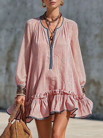 Casual Retro Ruffled Red And White Striped Cotton Linen Long-sleeved Mini Dress