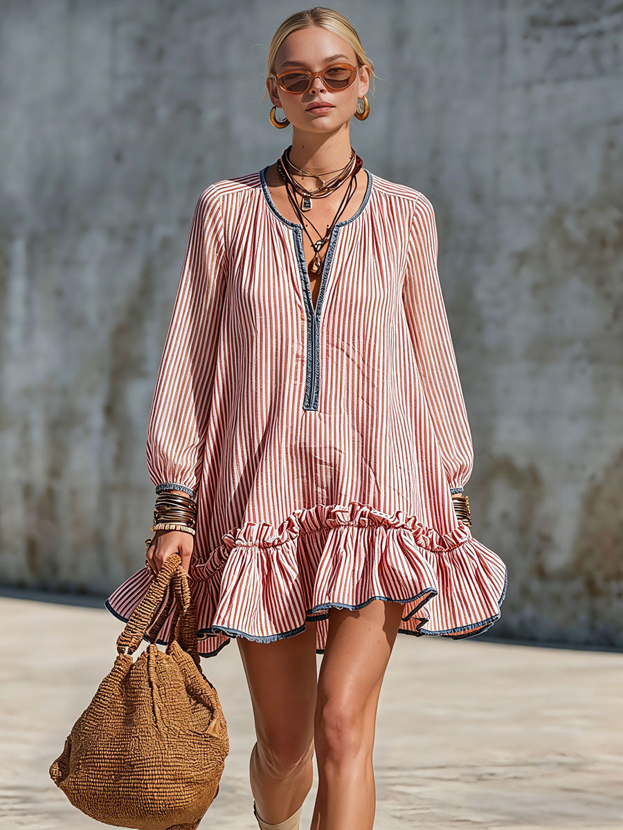Casual Retro Ruffled Red And White Striped Cotton Linen Long-sleeved Mini Dress
