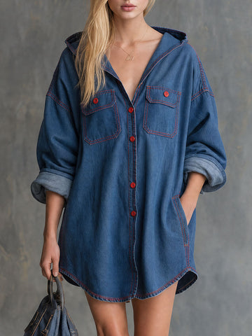 Casual Retro Blue Hooded Button Denim Mini Dress
