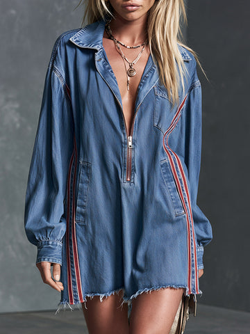 Relaxed Fit Striped Trim Blue Collared Half-zip Mini Dress
