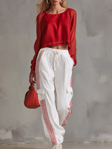 Casual-chic Red Shirt And White Cargo Pants Cotton Set