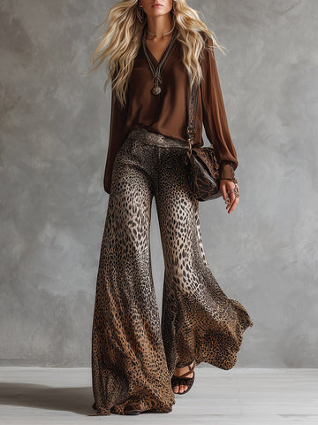 Retro Urban Brown V-Neck Shirt And Leopard-Print Wide-Leg Flared Trousers Chiffon Set
