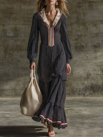 Fashionable Retro Ruffled Zipper Cotton Linen Black And White Striped Long-sleeved Maxi Dress