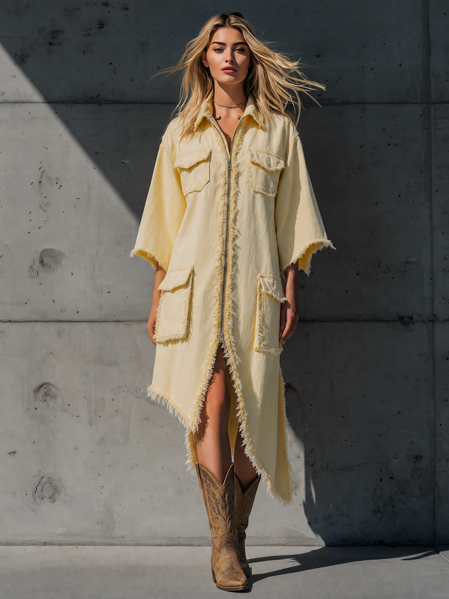 Vintage-style Distressed Utility Dress Featuring Large Pockets A Zippered Lapel A Drop-shoulder Design And A Raw-edge Fringed Hem