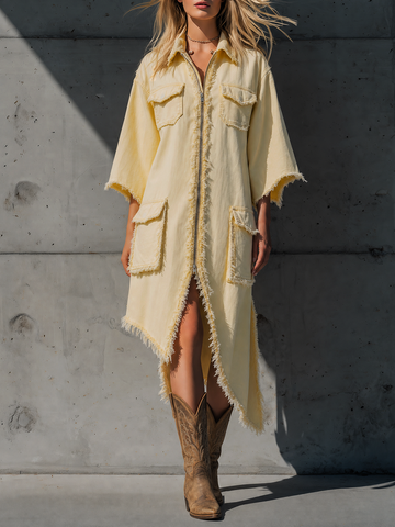 Vintage-style Distressed Utility Dress Featuring Large Pockets A Zippered Lapel A Drop-shoulder Design And A Raw-edge Fringed Hem