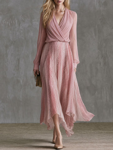 Retro Pink Crossover V-neck Chiffon Top And Snakeskin Print Skirt Set