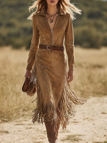 Western Retro Camel Faux Suede Tassel Tie Long-Sleeved Midi Dress