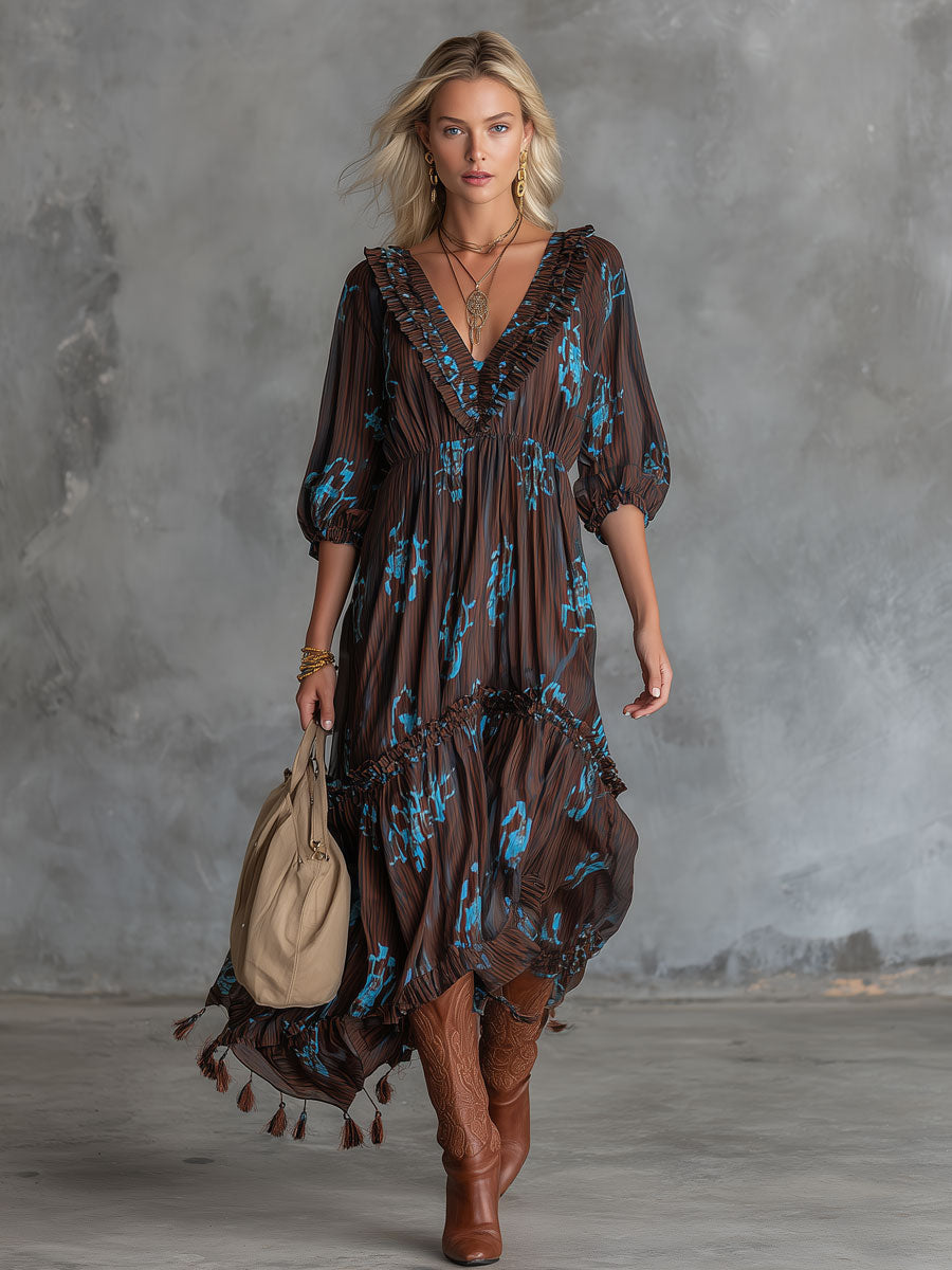 Western Retro Chocolate Striped Chiffon Tassel Midi Dress