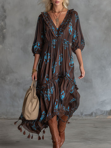 Western Retro Chocolate Striped Chiffon Tassel Midi Dress