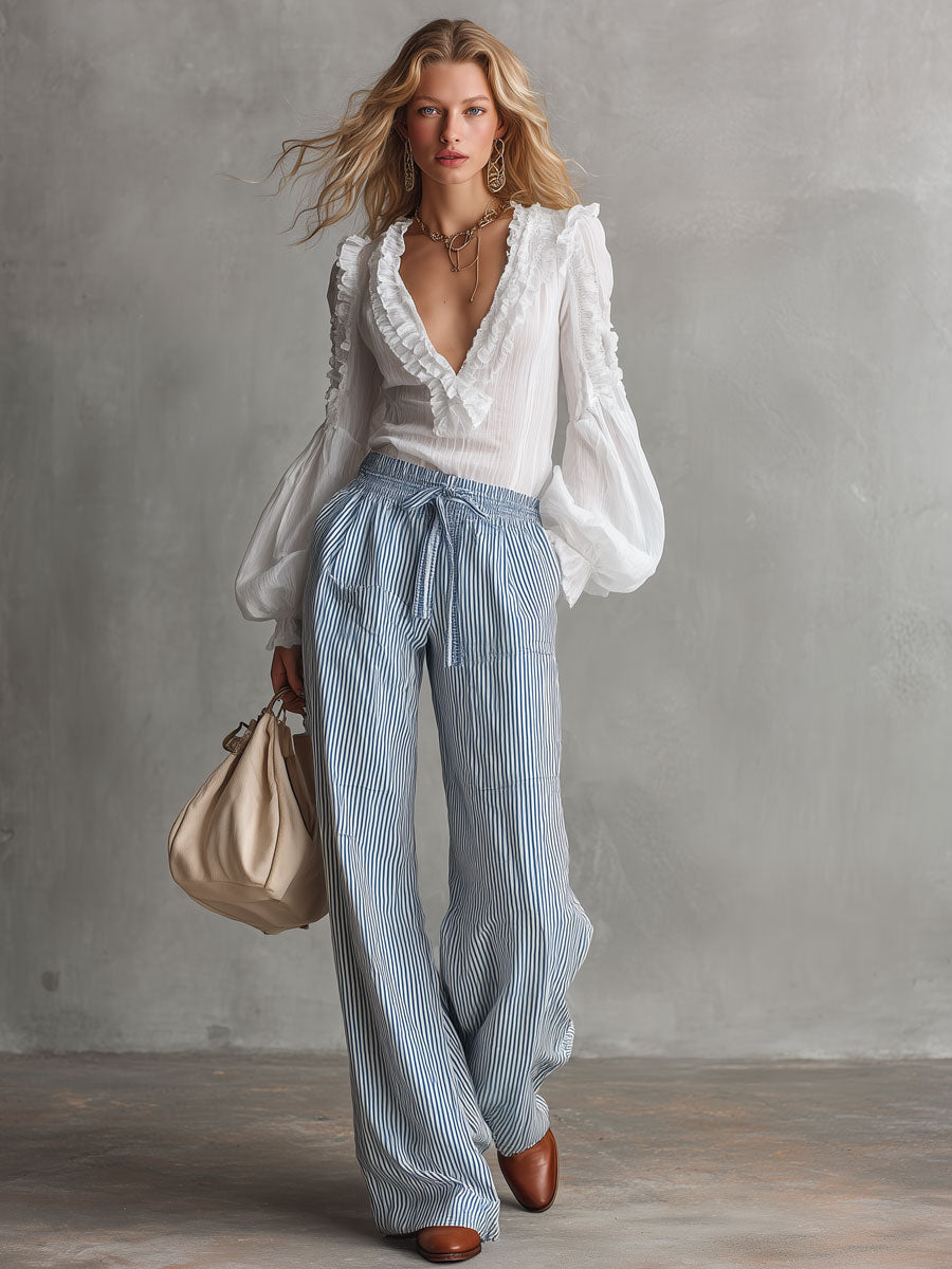 Casual Retro White Chiffon Long-sleeved Shirt And Blue Striped Cotton Linen Pants Set