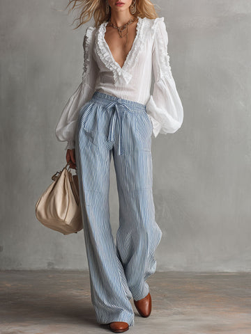 Casual Retro White Chiffon Long-sleeved Shirt And Blue Striped Cotton Linen Pants Set