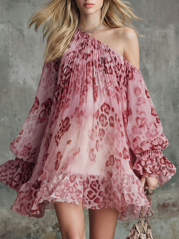 Retro Pink Off-shoulder Ruffled Leopard Print Chiffon Mini Dress
