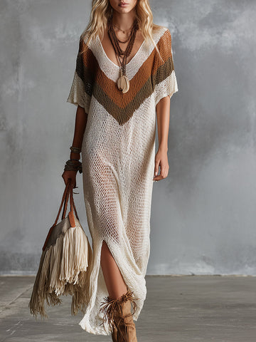 Retro-style Vacation Boho Color-block Beige Short-sleeved Knit Maxi Dress