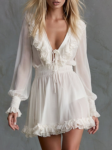 Retro Elegant White Ruffled Tie-neck Long-sleeved Chiffon Mini Dress