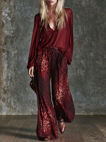 Retro-elegant Red V-neck Chiffon Blouse And Leopard Print Trousers Set