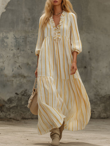 Retro-elegant Yellow Striped Ruffled V-neck Cotton Maxi Dress