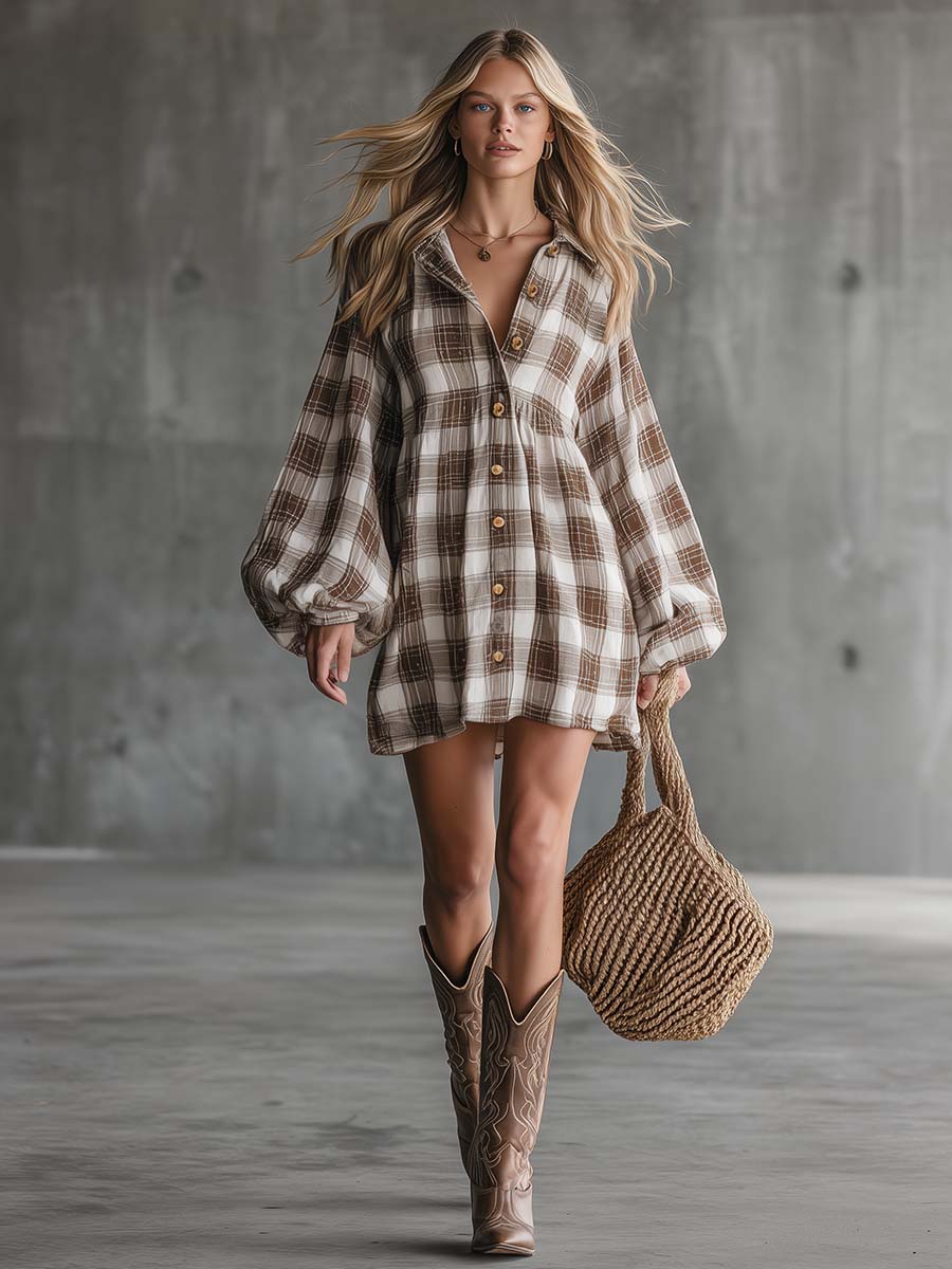 Retro Western Brown Plaid Cotton-Linen Button-Front Shirt Mini Dress