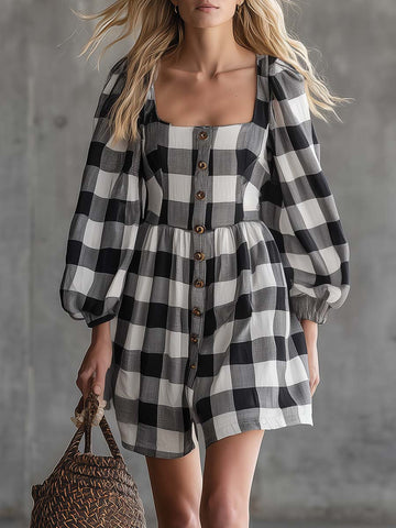 Vintage Gingham Square Neck Puff Sleeve Cotton Linen Mini Dress