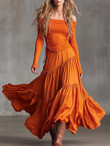Boho Western Orange Off-Shoulder Ruched Top And Tiered Maxi Skirt Set