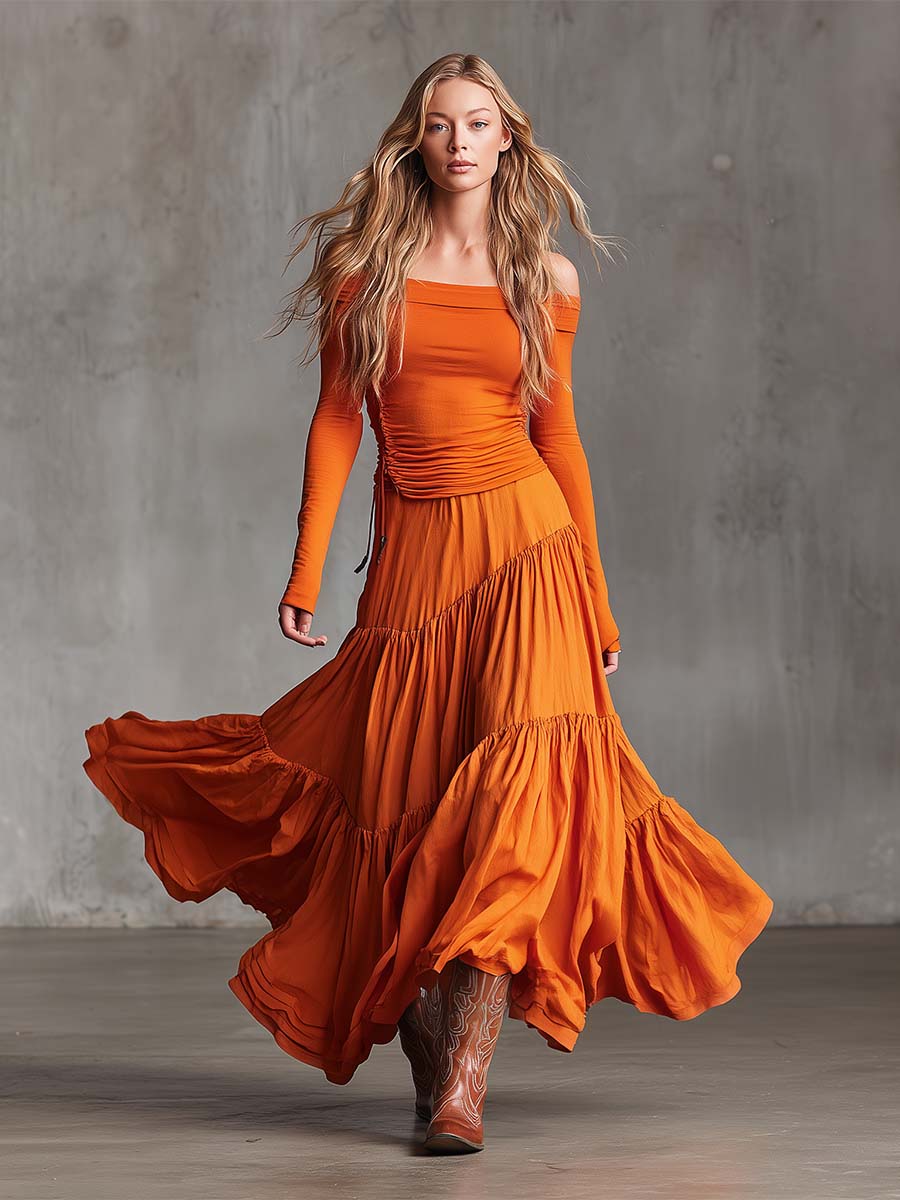 Boho Western Orange Off-Shoulder Ruched Top And Tiered Maxi Skirt Set
