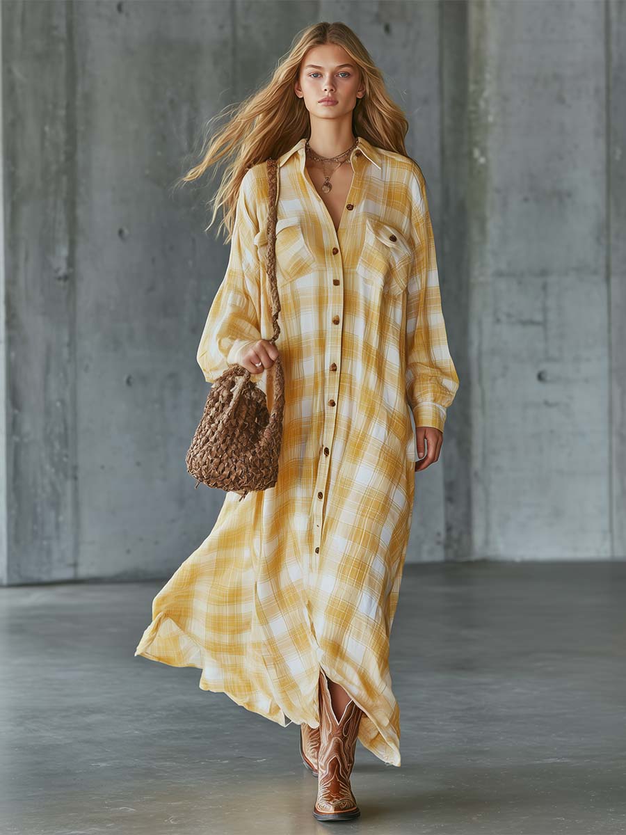 Retro Western Yellow Plaid Button-Front Cotton-Linen Shirt Maxi Dress
