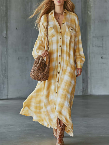Retro Western Yellow Plaid Button-Front Cotton-Linen Shirt Maxi Dress