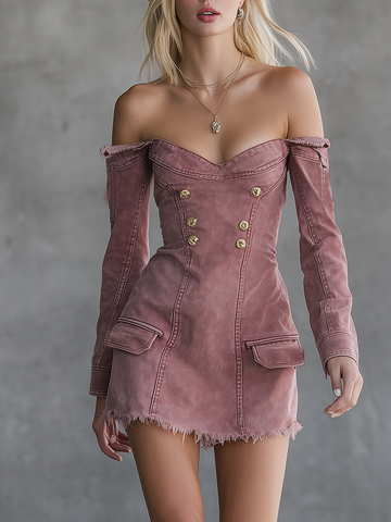 Off-Shoulder Double-Breasted Distressed Denim Dress – Fitted Frayed-Hem Mini