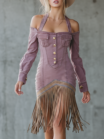 Women's Halter Cold Shoulder Button-Up Denim Dress – Suede Fringe Hem Western Mini Dress