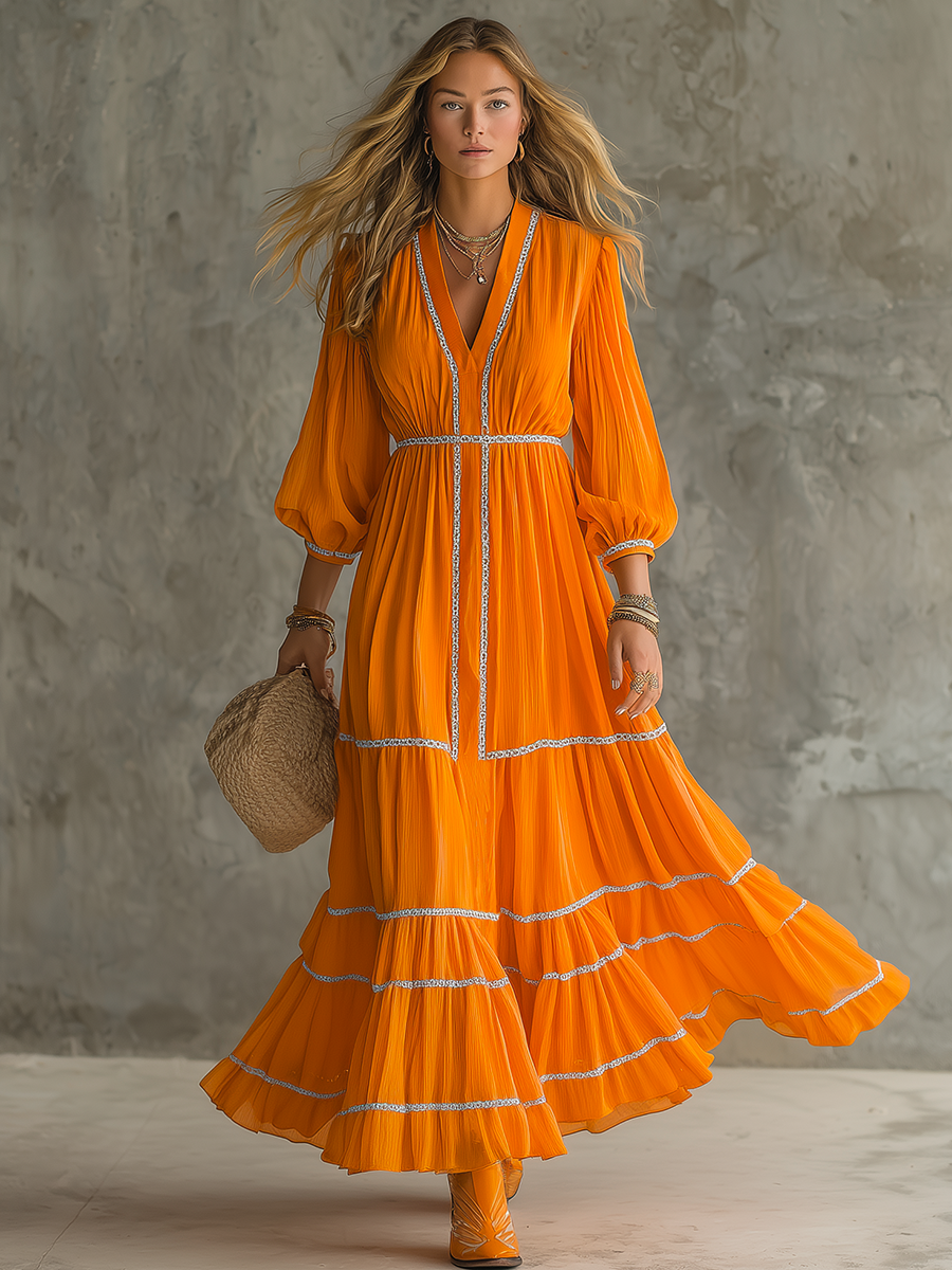 Retro-casual Western-style Orange Maxi Skirt
