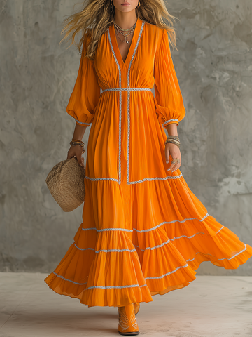 Retro-casual Western-style Orange Maxi Skirt